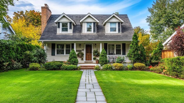 Classic Cape Codstyle home with a neat front garden and ample space for text