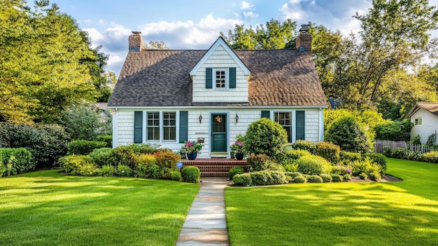 Classic Cape Codstyle home with a neat front garden and ample space for text