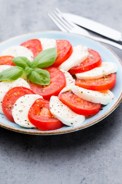 Classic caprese salad. Mozzarella tomatoes and  Basilikum.