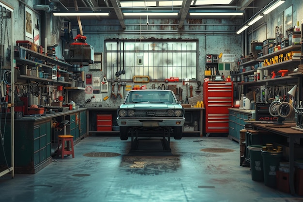 Classic car awaiting repair in a well organized auto workshop