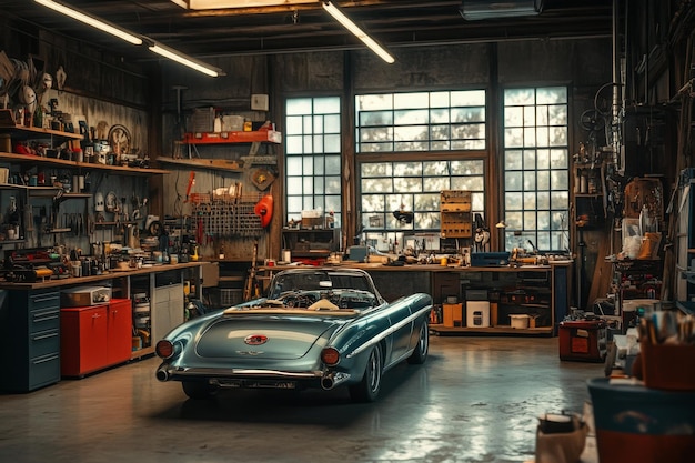 Photo classic car in a cluttered garage