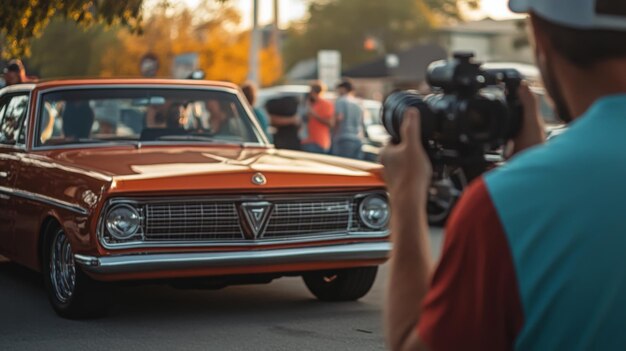 Photo classic car enthusiast captures vintage pontiac at local car show in autumn