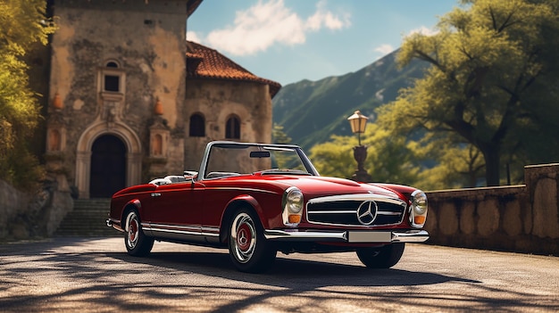 a classic car is parked in front of a building with a mountain in the background.