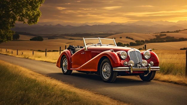 Classic car parked in the mountains in the morning