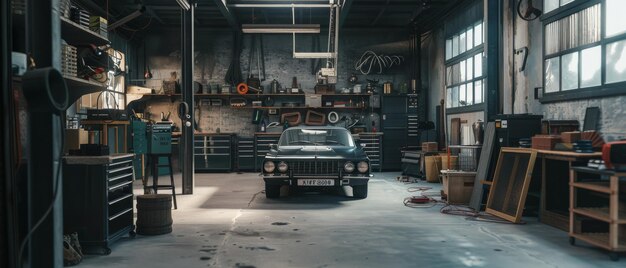 Photo a classic car parked in a spacious wellorganized garage filled with tools suggesting a blend of nostalgia and meticulous care for vintage automobiles