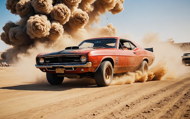 Classic Car Speeding Through Dust Cloud