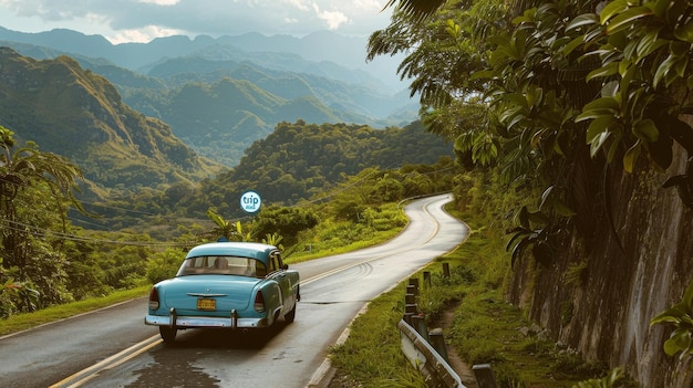 Classic Car on Winding Mountain Road A classic car drives along a winding mountain road surrounded