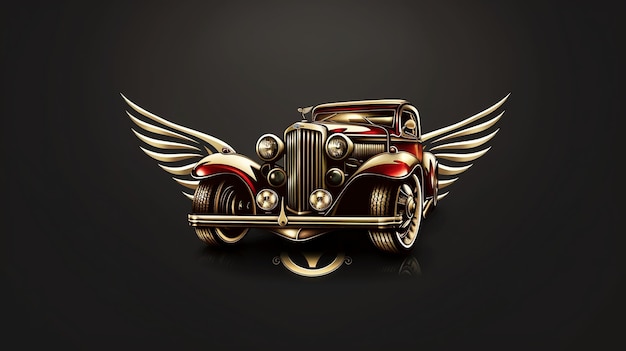 A classic car with golden wings on a black background