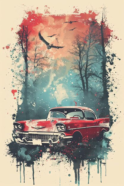 Classic Car with Watercolor Sky