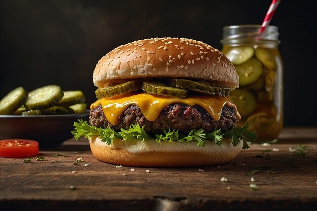 A classic cheeseburger being served with a side of cru