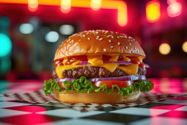 Classic Cheeseburger on Checkered Table with Neon Glow