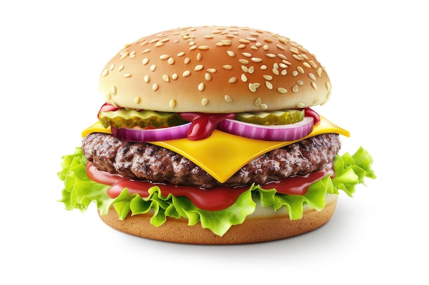 Classic cheeseburger with all the fixings isolated on white