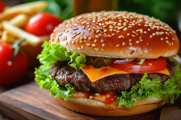 Classic cheeseburger with fries on wooden board