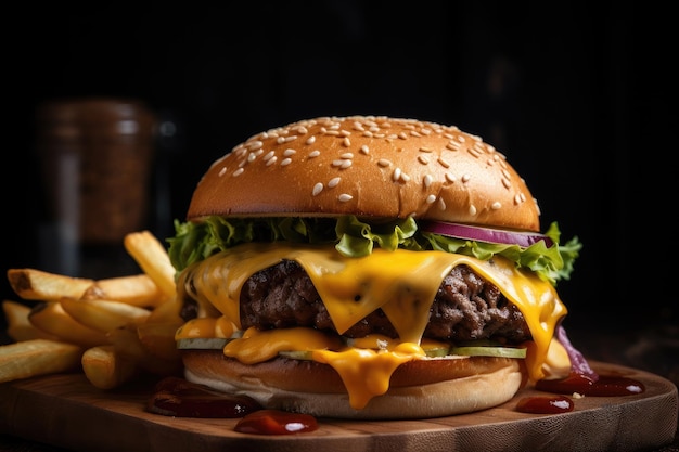 Classic cheeseburger with juicy patty crispy fries and melted cheese created with generative ai