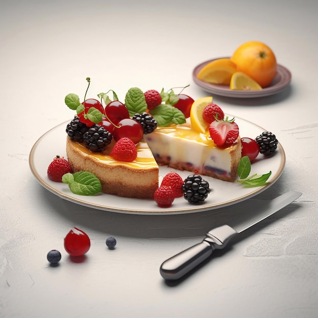 Classic cheesecake with berries or fruits slice on a plate Generative AI