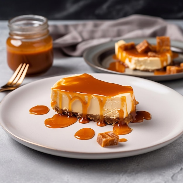 Classic cheesecake with caramel on a plate Generative AI