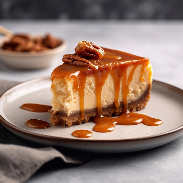 Classic cheesecake with caramel on a plate Generative AI