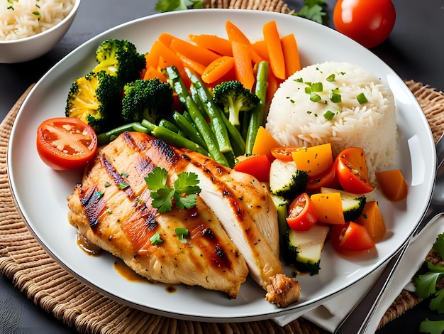 Classic Chicken and Rice Plate with Fresh Vegetables