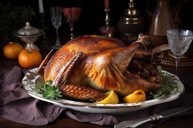 Classic christmas dinner with roasted turkey and stuffing on vintage tablecloth created with generat