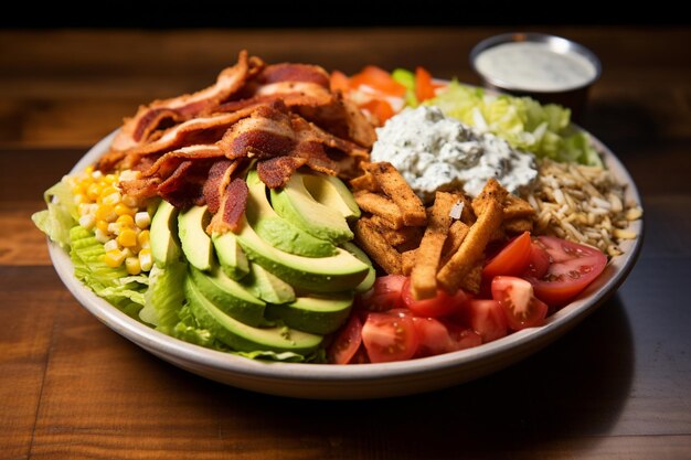 A classic Cobb salad with hardboiled eggs blue cheese