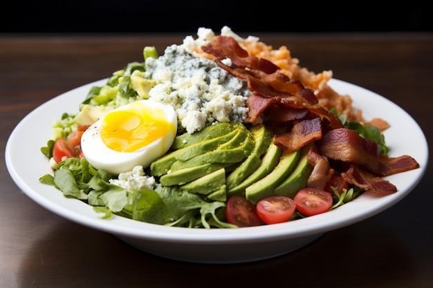 A classic Cobb salad with layers of mixed greens hardb