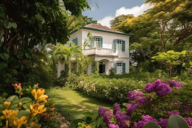 Classic colonial house surrounded by lush greenery and blooming flowers created with generative ai