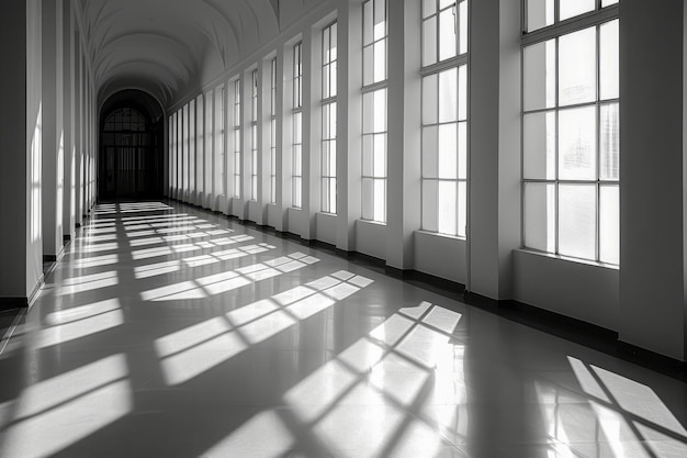 Classic Corridor in Monochrome with Dramatic Light and Shadows