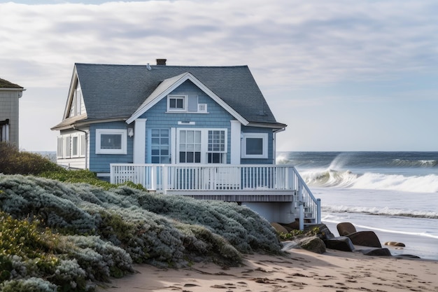 Classic cottage with beachy exterior waves crashing in the background created with generative ai