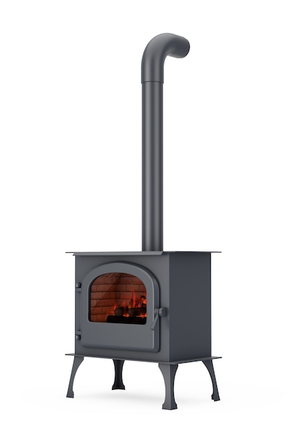 Classic Ðpen Home Fireplace Stove with Chimney Pipe and Firewood Burning in Red Hot Flame on a white background. 3d Rendering