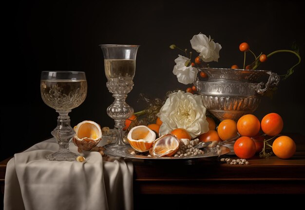 Classic Dutchstyle still life with fruit and wine On a dark background