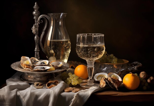 Classic Dutchstyle still life with fruits oysters and wine On a dark background