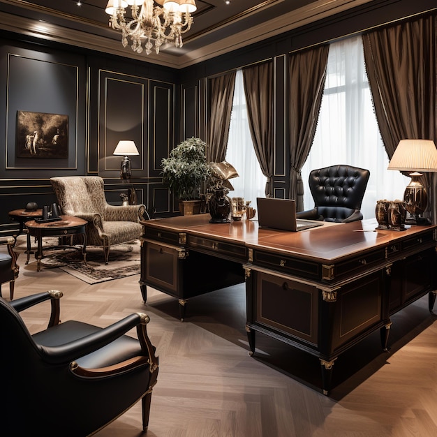 Classic elegant luxury office space with leather chairs