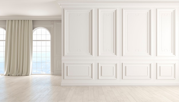 Classic empty interior with white wall wood floor window and curtain d render illustration