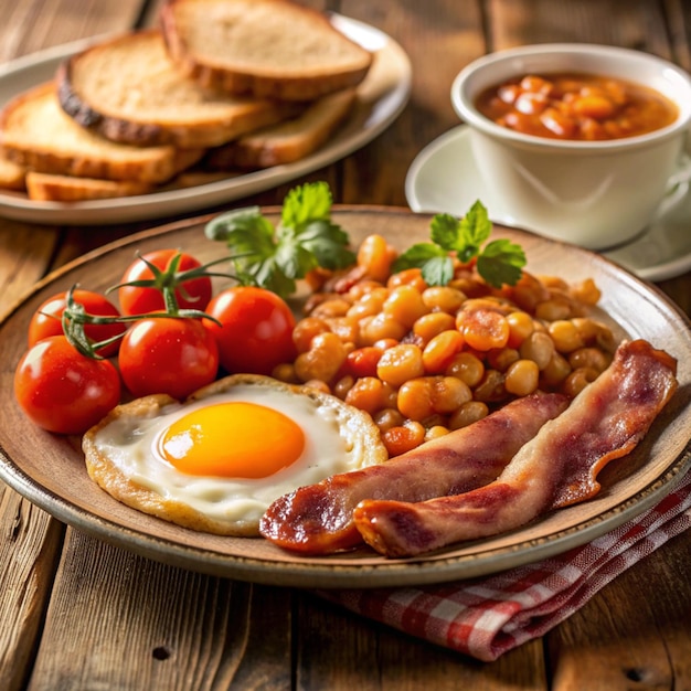 A classic English breakfast features crispy bacon perfectly cooked eggs