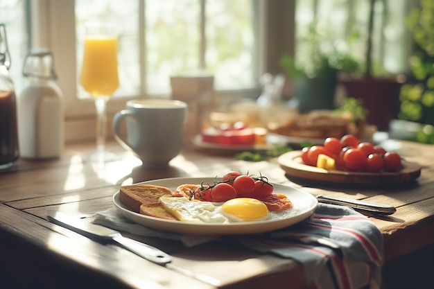 classic english breakfast on a well lit table with morning light appetizing food