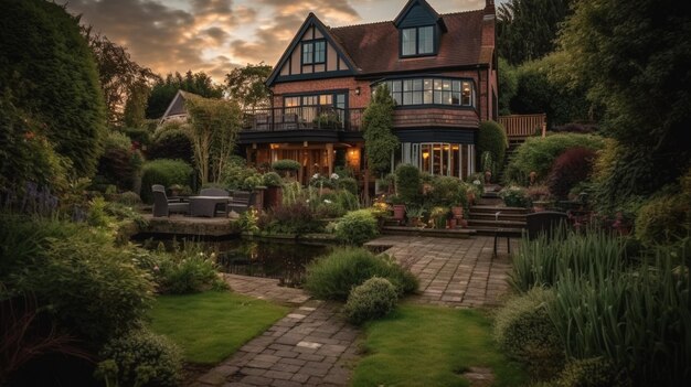 Classic English house 3D visualization Beautiful landscaping