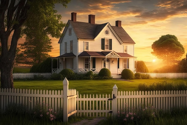 Classic farmhouse surrounded by lush green lawn with old picket fence and a view of the sunset