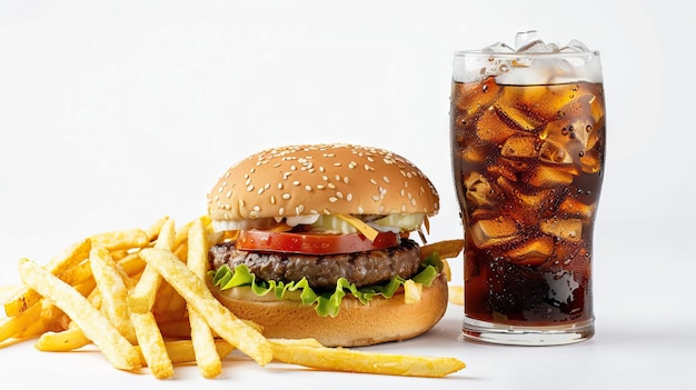 Classic fast food combo with hamburger fries and soda