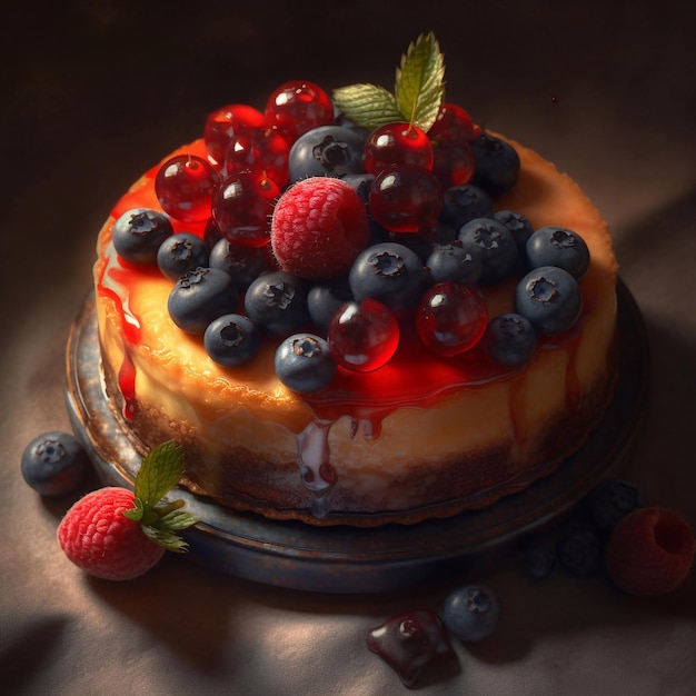 Classic festive cheesecake cake decorated with berries fruits jam Generative AI