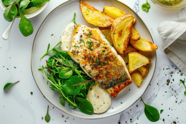 Photo classic fish and chips served with tartar sauce fresh greens and a lemon wedge on a white plate