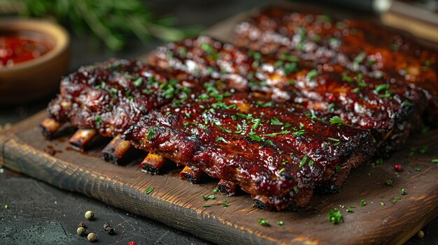 Photo classic flamegrilled charred chuck beef ribs seasoned with zesty spices and presented on a vintage wooden platter with a sharp blade