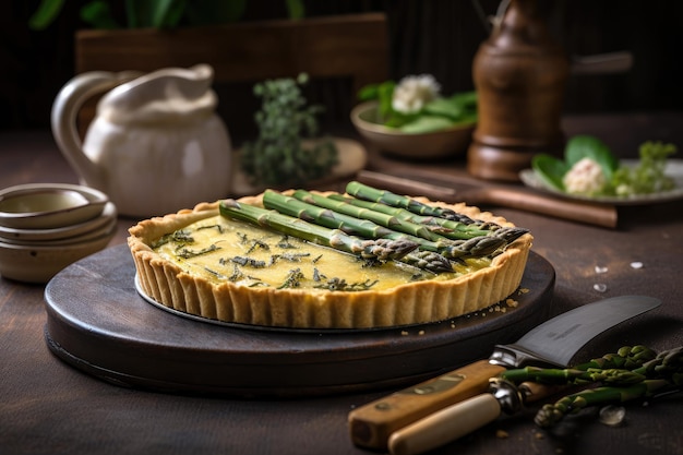 Classic french asparagus tart with flaky crust and creamy custard filling