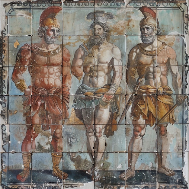 Photo a classic fresco depicting three muscular warriors in ancient attire showcasing strength and valor in rich historical art