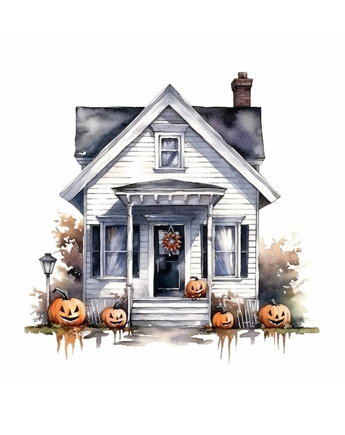 Classic front door with porch and stairs decorated with fall Halloween pumpkins autumn holiday concept Hand drawn watercolor illustration