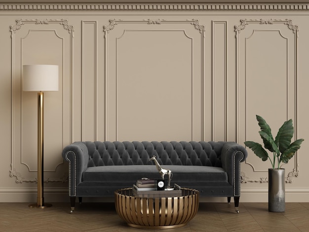 Classic furniture in classic interior with copy space.Walls with ornated mouldings.Floor parquet.Digital Illustration.3d rendering