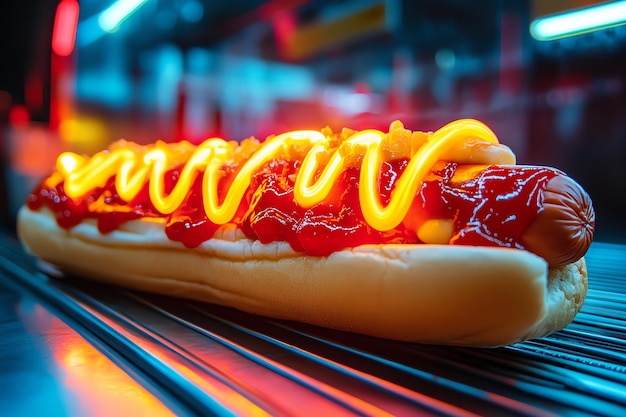 Photo classic game day hot dog with ketchup mustard and lettuce served with crispy french fries