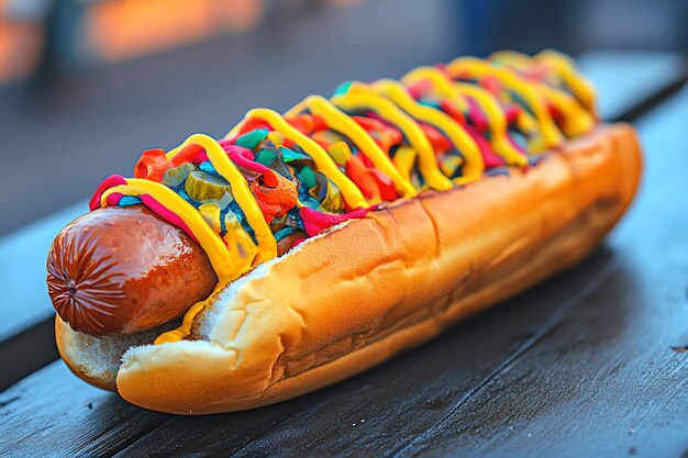 Photo classic game day hot dog with ketchup mustard and lettuce served with crispy french fries