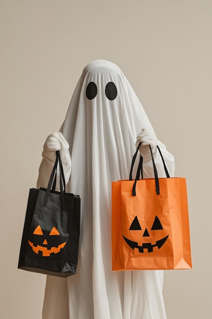 Photo classic ghost costume holding halloween trickortreat bags with jacko39lantern design generative ai