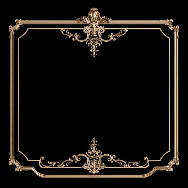 Classic golden frame with ornament decor isolated on black background. Digital illustration. 3d rendering