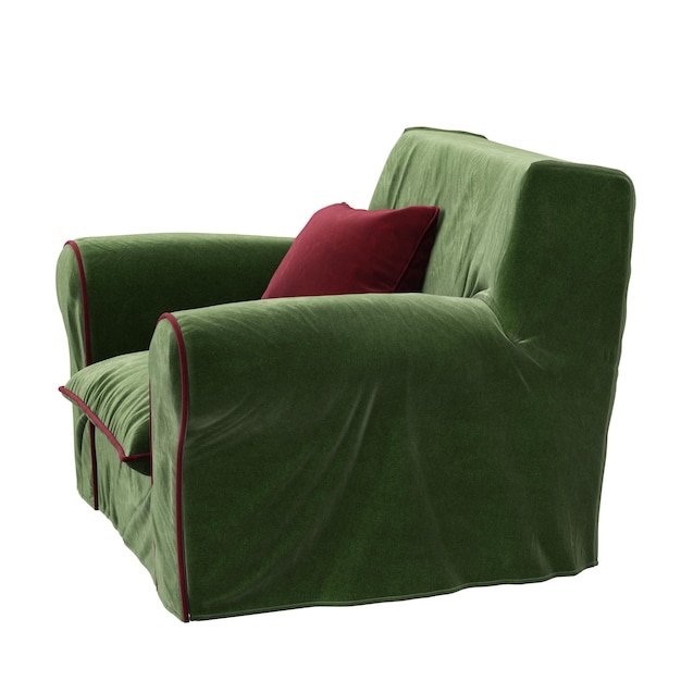 Classic green chair with red pillow isolated on white background Digital Illustration 3d rendering